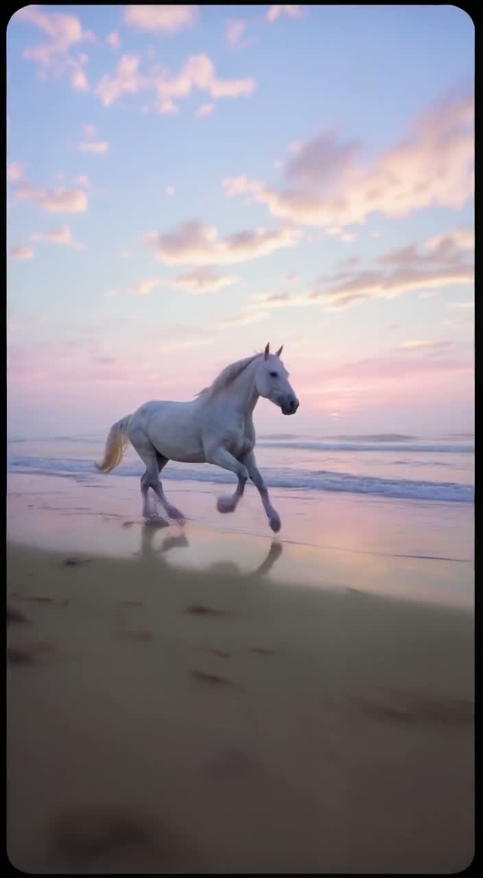 A white horse running across a portrait beach frame with expanded sky and sand.