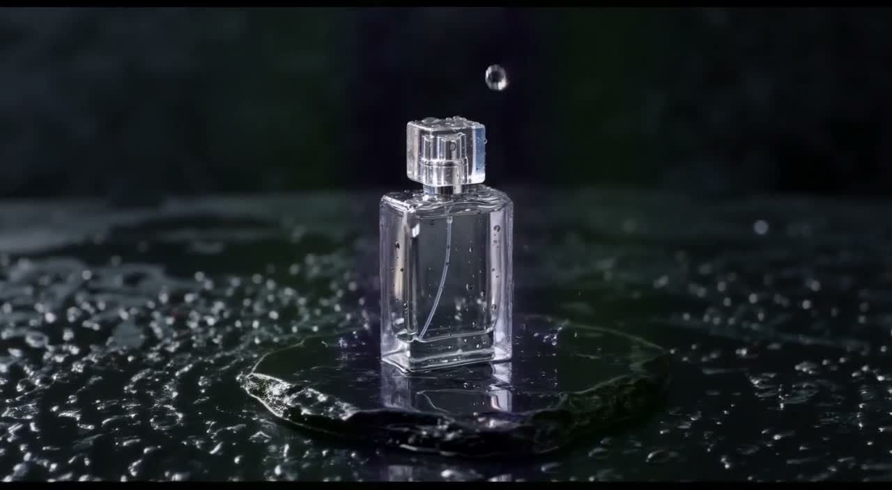 An unbranded glass bottle on wet dark stone with generated surroundings on either side.